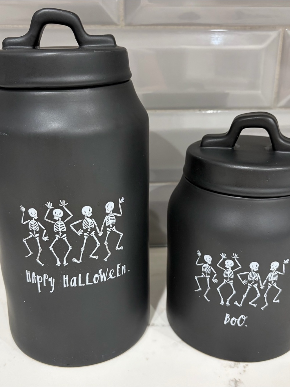 Rae Dunn Magenta Artisan 2pc Ceramic Black Skeleton Halloween Canisters w/Lids